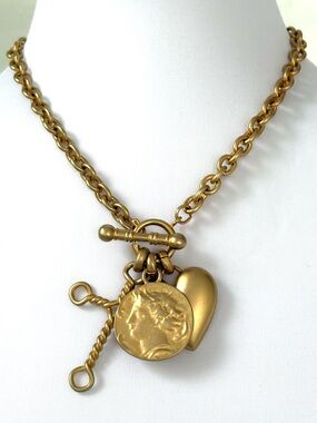 Matte Gold Pendant Charm Necklace with Heart Coin Cross Charms